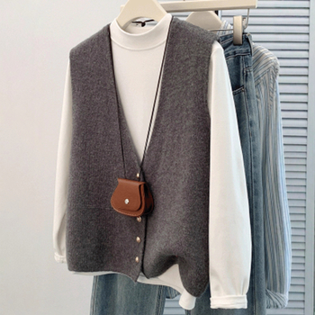 Ženski pleteni vest s V izrezom, kratka duljina 40–50 cm, najlon tkanina, 3D uzorak, zima 2025