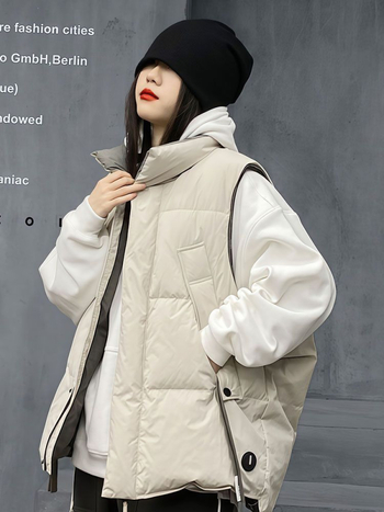 Ženska vesta od poliestera s punjenjem od pamuka, V-izrez, zatvarač, jednobojna, opuštena silueta, jesensko-zimski stil.