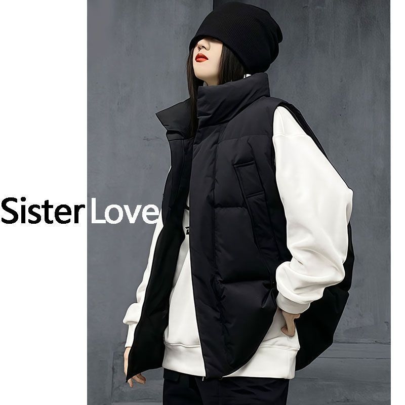 Ženska vesta od poliestera s punjenjem od pamuka, V-izrez, zatvarač, jednobojna, opuštena silueta, jesensko-zimski stil.