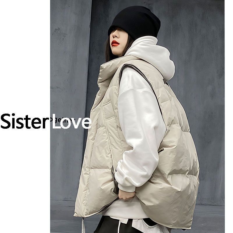 Ženska vesta od poliestera s punjenjem od pamuka, V-izrez, zatvarač, jednobojna, opuštena silueta, jesensko-zimski stil.