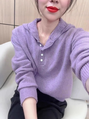 Ženski kapuljačasti pleteni pulover od vune, slobodan kroj, polo ovratnik, dugi rukavi, 95% vuna