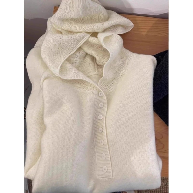 Ženski kapuljačasti pleteni pulover od vune, slobodan kroj, polo ovratnik, dugi rukavi, 95% vuna