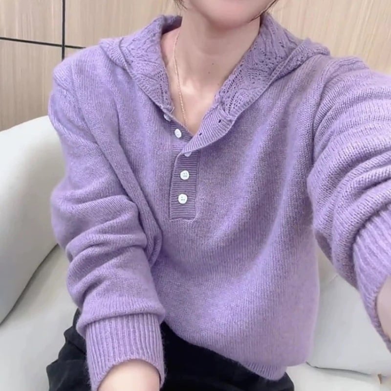 Ženski kapuljačasti pleteni pulover od vune, slobodan kroj, polo ovratnik, dugi rukavi, 95% vuna