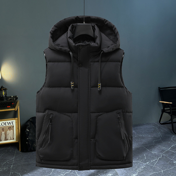 Debeli pamučni kapuljačasti prsluk s poliesterom punjenjem i jednobojnom tkaninom