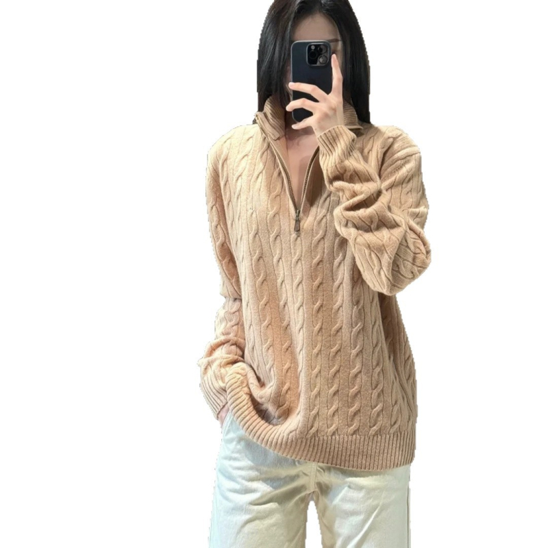 Unisex džemper s poluzipom, kabelastom pleteninom i logom Pony; 90% vuna, 10% kašmir
