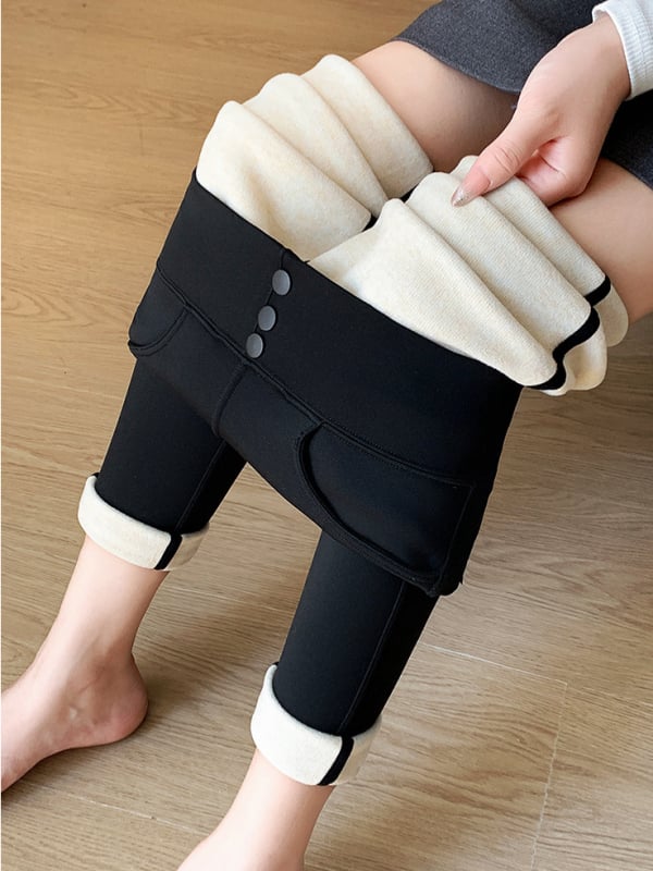 Pantaloni lungi pentru femei cu căptușeală de fleece, amestec nylon-elastan, talie înaltă, croială strânsă pencil