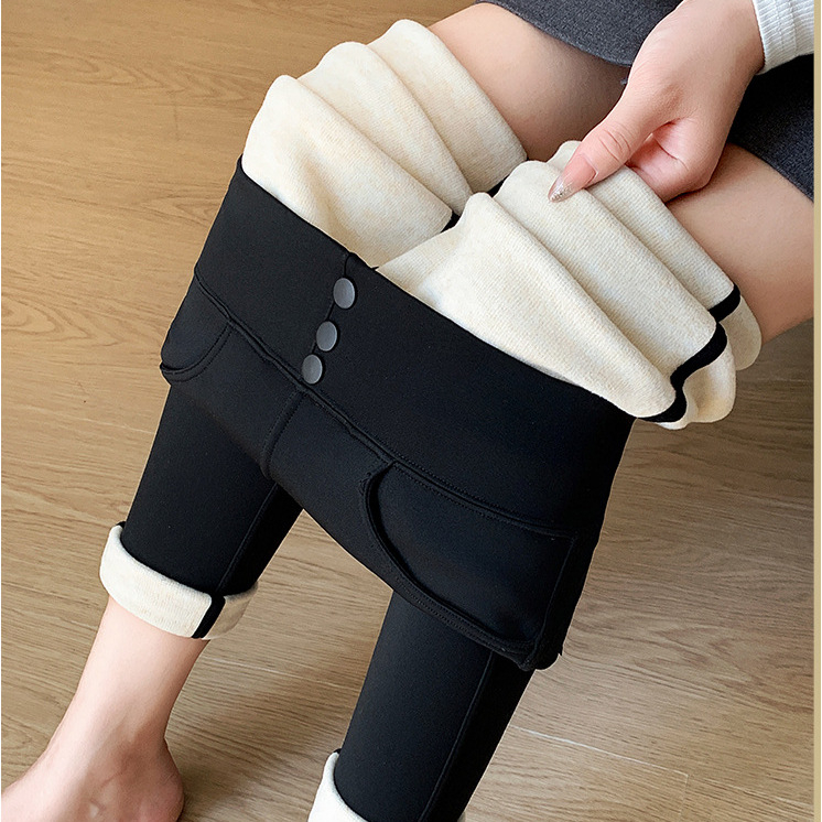 Pantaloni lungi pentru femei cu căptușeală de fleece, amestec nylon-elastan, talie înaltă, croială strânsă pencil