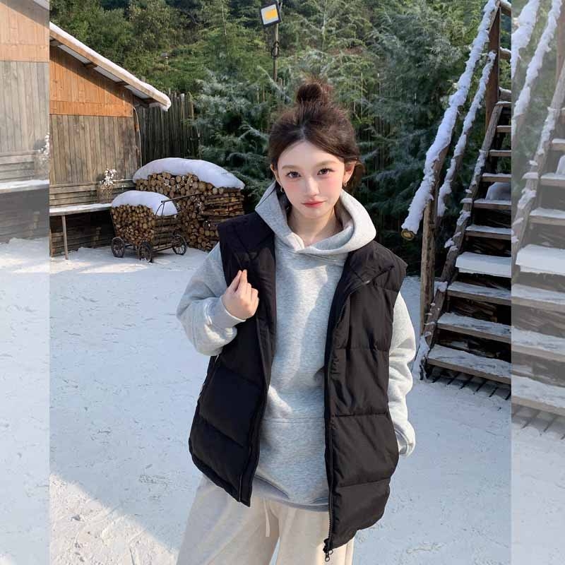 Ženska bezruk zimsku jaknu sa stojećim ovratnikom, slobodan kroj, zatvarač, punilo poliester i pamuka