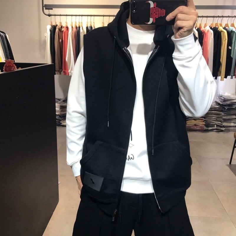 Muško kardigan-vest s kapuljom i zatvaračem, bez rukava, 100% poliester, ravni kroj, za proljeće i jesen