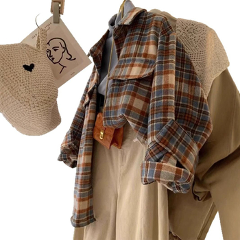 Krekli ar rakstu plaid, kardigāna stils, brushed audums ar poliestera piedevu, garas piedurknes, vienrindu pogu atvērums