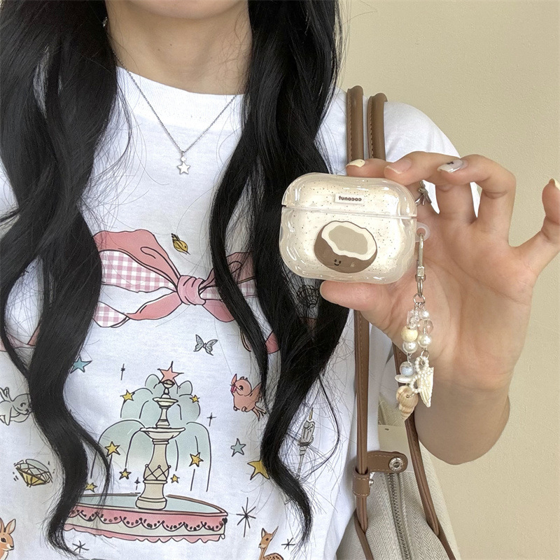 Carcasă de protecție din silicon pentru Apple AirPods Pro (generația 2 și 3) – husă moale, stil desen animat, gravură cu motiv de nucă de cocos