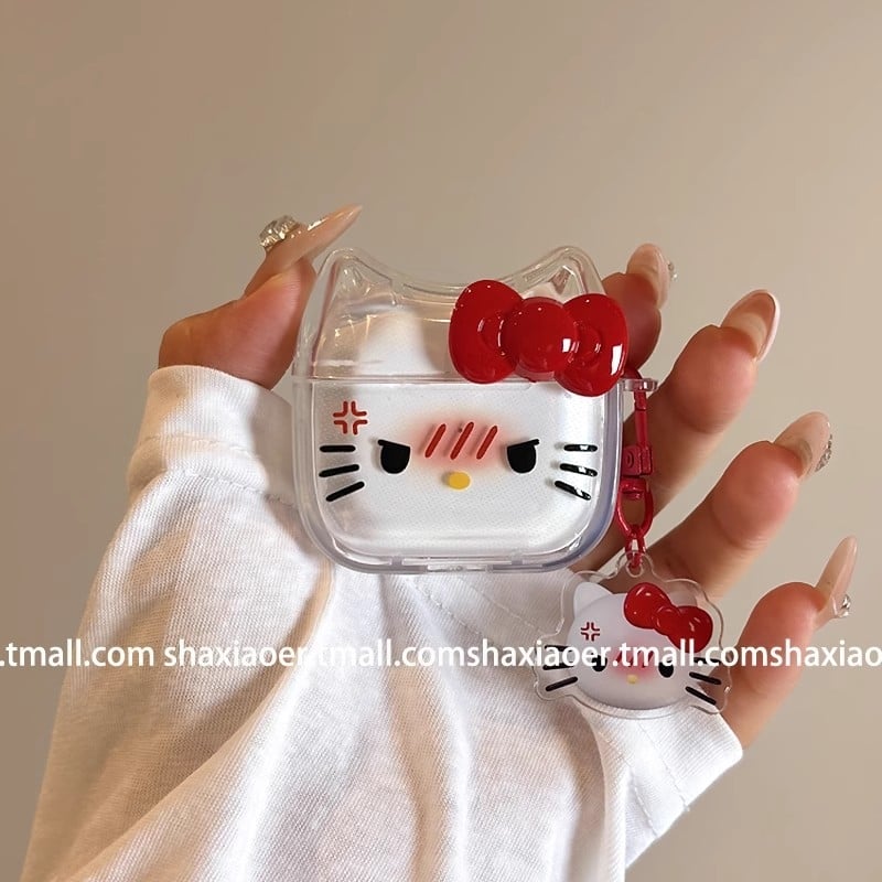 TPU zaštitna futrola za AirPods Pro 2 s 3D reljefom u Cartoon stilu Angry Hello Kitty, kompatibilna s AirPods 3 (4. generacija)