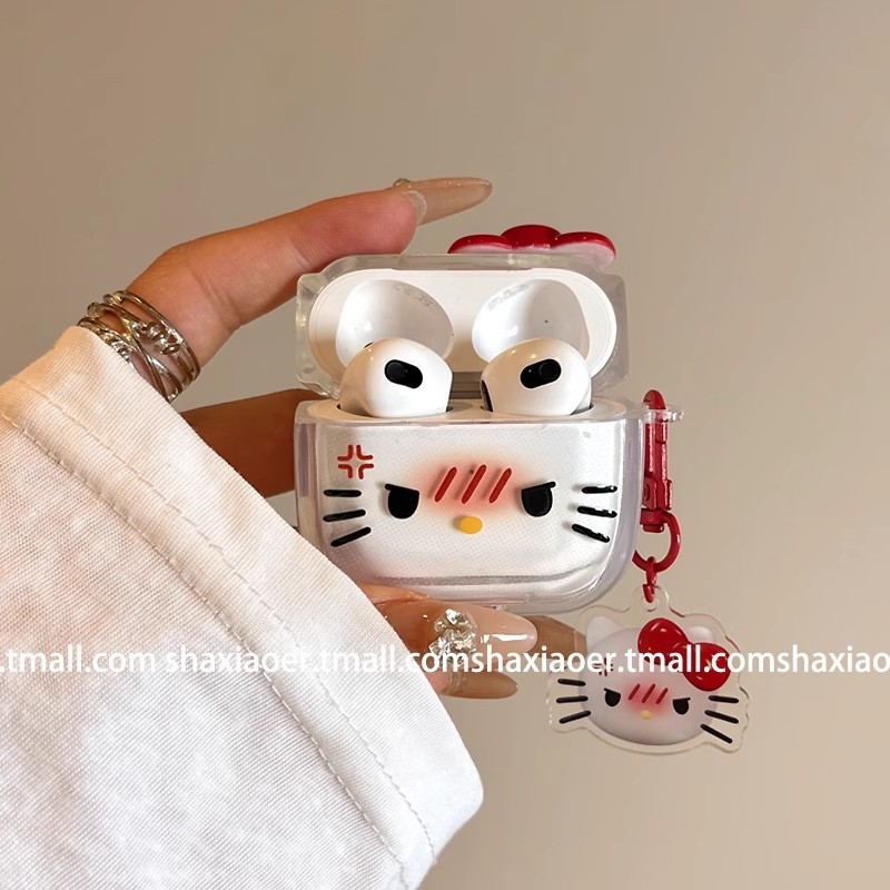 TPU zaštitna futrola za AirPods Pro 2 s 3D reljefom u Cartoon stilu Angry Hello Kitty, kompatibilna s AirPods 3 (4. generacija)