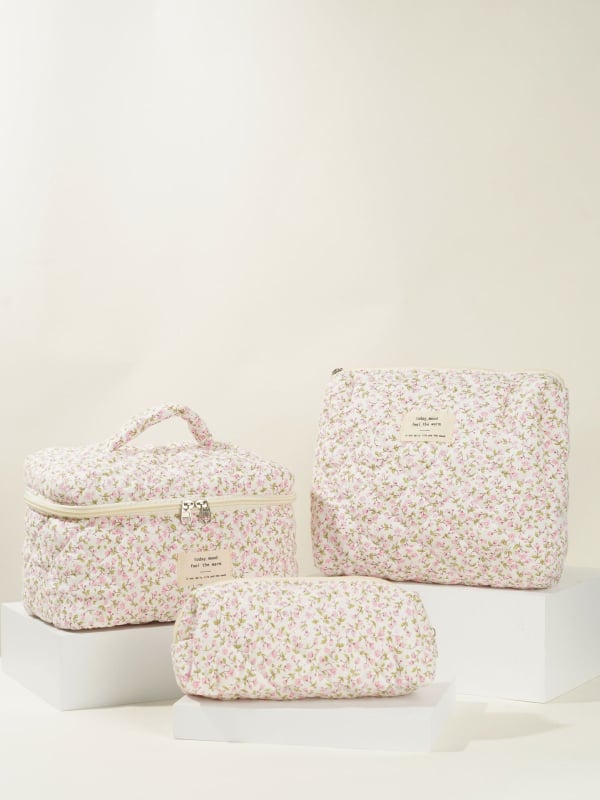 Kozmetička torba s quiltovanjem i cvjetnim uzorkom – velika kapaciteta, pamuk materijal, podstava poliester, ultralagana, proširiva, za žene