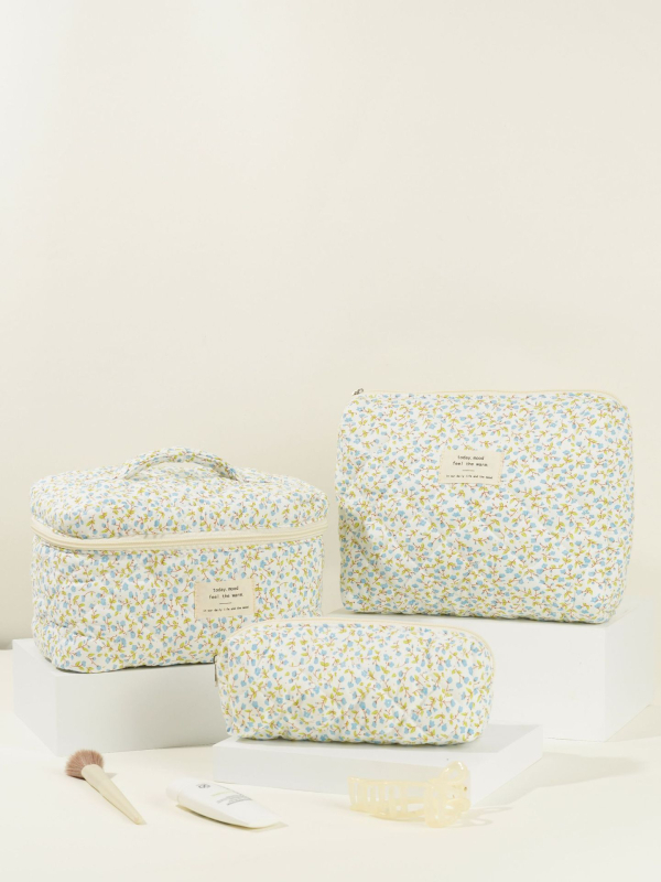 Kozmetička torba s quiltovanjem i cvjetnim uzorkom – velika kapaciteta, pamuk materijal, podstava poliester, ultralagana, proširiva, za žene