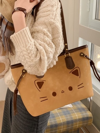 Taška cez rameno typu tote s motívom mačky, PU materiál, kapacita do 20 l, zakrivený popruh, unisex