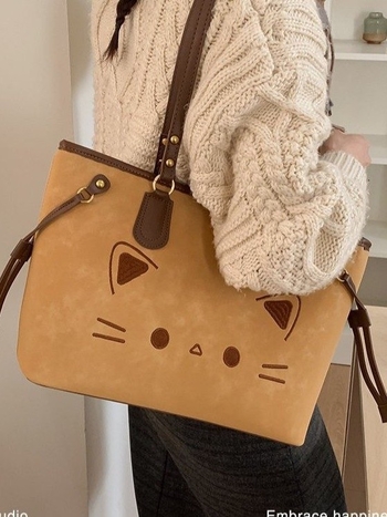 Taška cez rameno typu tote s motívom mačky, PU materiál, kapacita do 20 l, zakrivený popruh, unisex