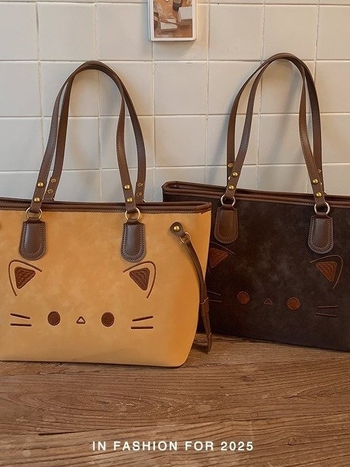 Taška cez rameno typu tote s motívom mačky, PU materiál, kapacita do 20 l, zakrivený popruh, unisex