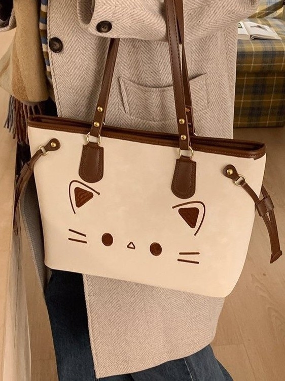 Taška cez rameno typu tote s motívom mačky, PU materiál, kapacita do 20 l, zakrivený popruh, unisex