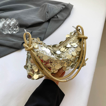 Taška do podpazušie s flitrami – ulicný štýl, PU materiál, horizontálny štvorcový tvar, zips, polyesterová podšívka