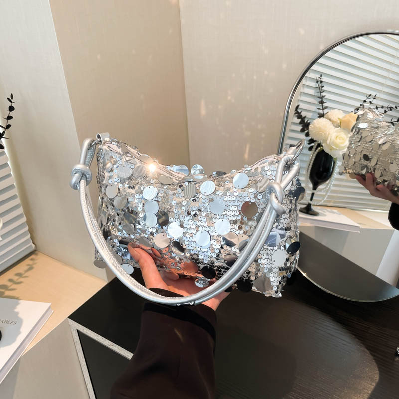 Taška do podpazušie s flitrami – ulicný štýl, PU materiál, horizontálny štvorcový tvar, zips, polyesterová podšívka