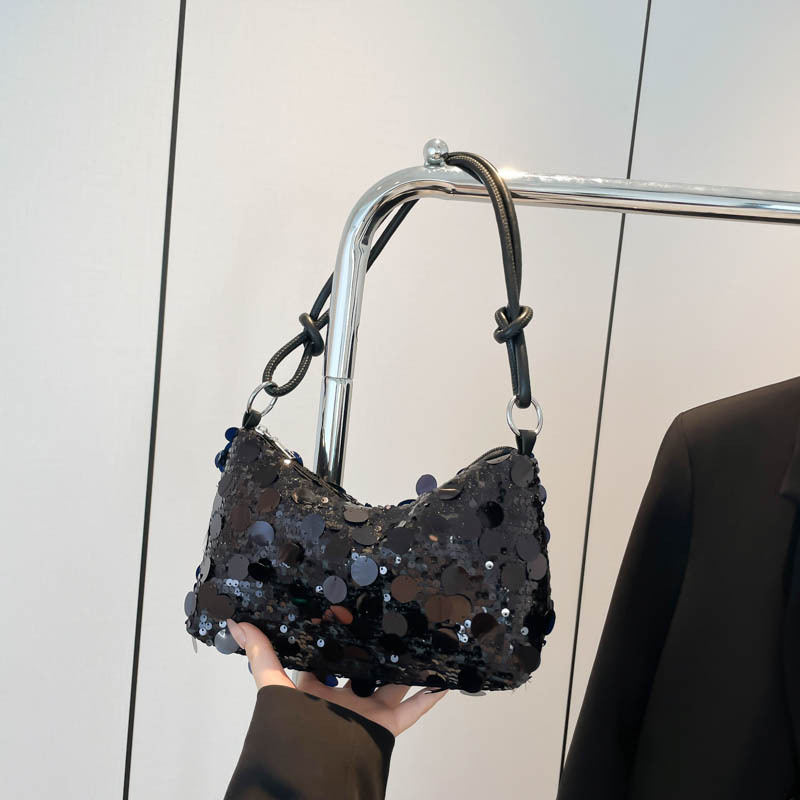 Taška do podpazušie s flitrami – ulicný štýl, PU materiál, horizontálny štvorcový tvar, zips, polyesterová podšívka