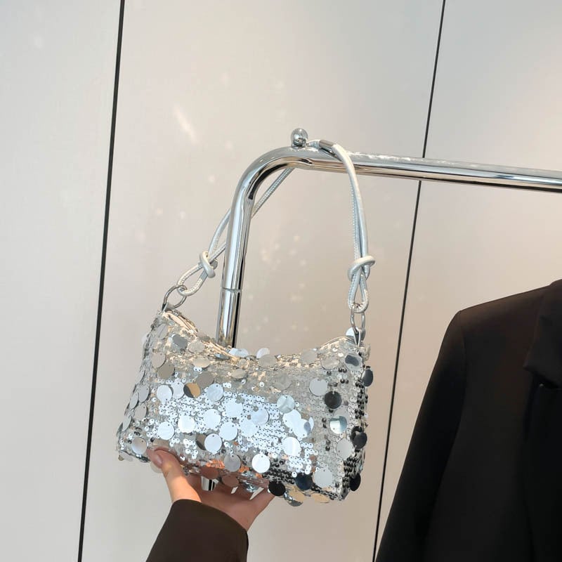 Taška do podpazušie s flitrami – ulicný štýl, PU materiál, horizontálny štvorcový tvar, zips, polyesterová podšívka