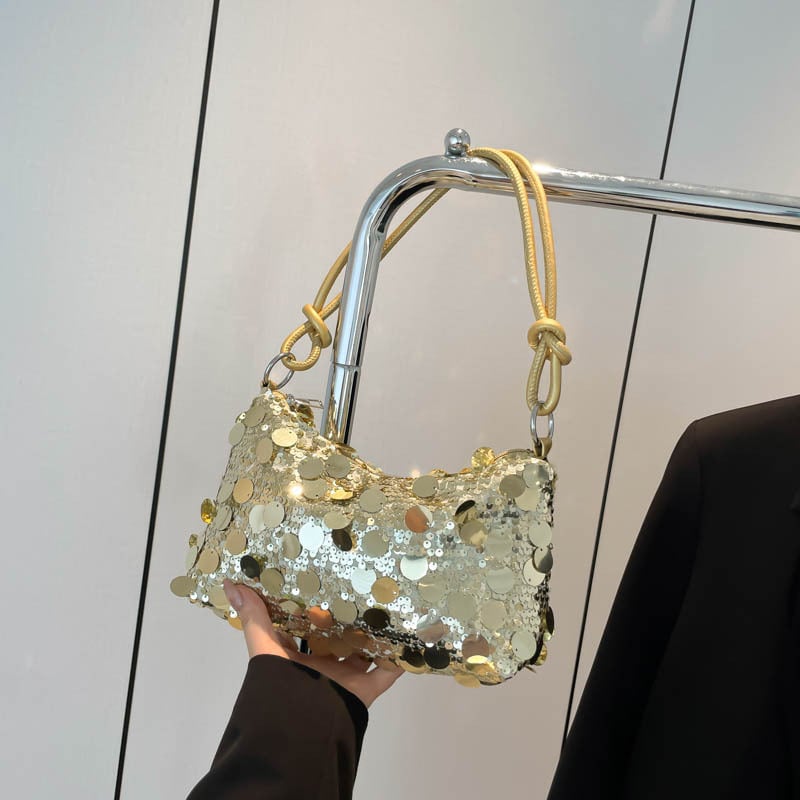 Taška do podpazušie s flitrami – ulicný štýl, PU materiál, horizontálny štvorcový tvar, zips, polyesterová podšívka