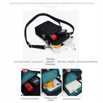 Crossbody taška na telefón, kompaktný dizajn, vertikálny štvorcový tvar, zips, polyesterová podšívka, leto 2024, na voľný čas cestovania.