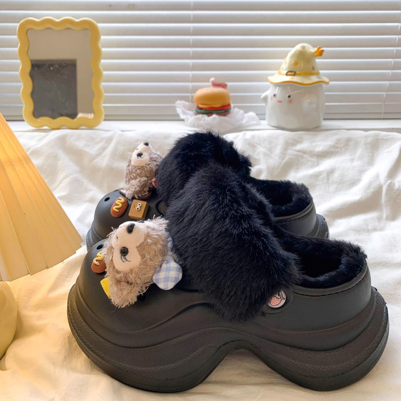 Dámske topánky s karikatúrnym vzorom, 5-8 cm vysoká platforma, EVA vršok a podrážka, perforovaná sieť, vnútorná umelá kožušinka, slip-on