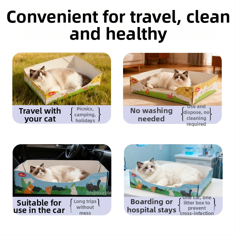 Cutie deschisă de unică folosință pentru nisip de pisică, portabilă pliabilă, pătrată, pentru pisici, material PE folie + hârtie