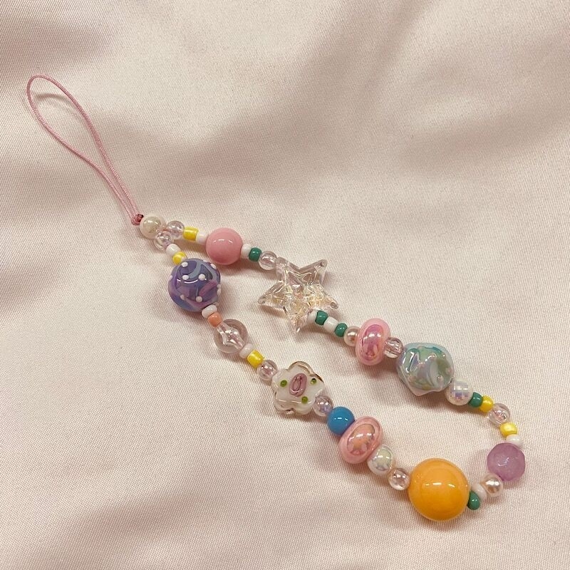 Prívesok na mobil s reťazou z korálok, korejský štýl, ručne vyrobený dizajn na krk; balené samostatne, bez loga, bez dovozu