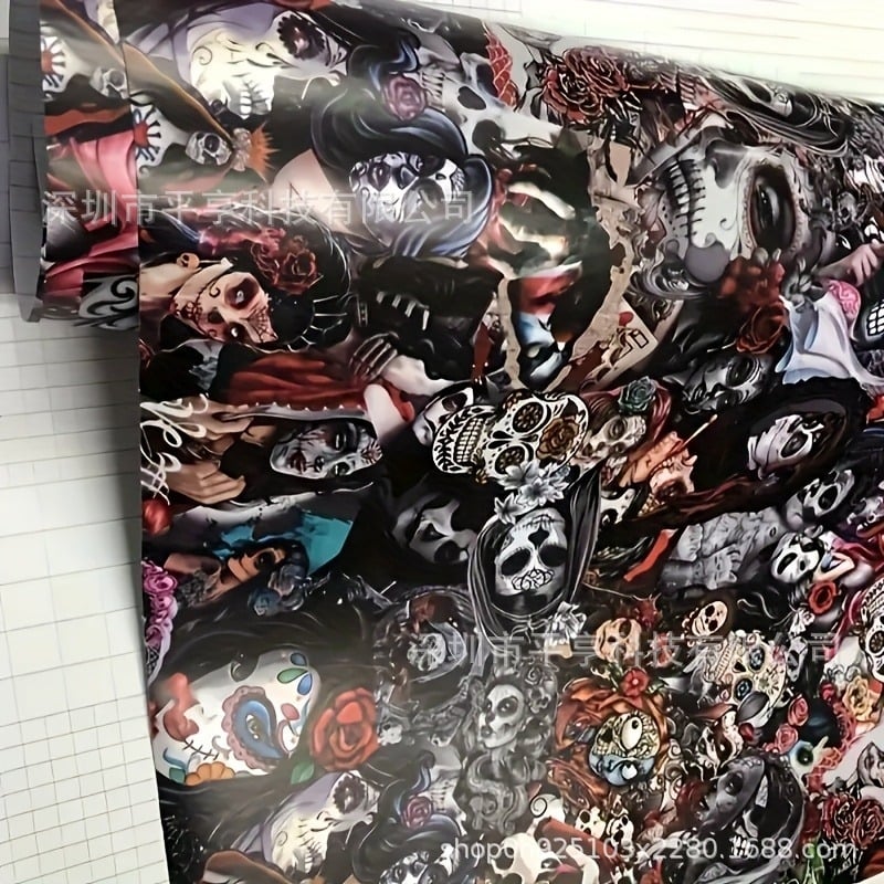 PVC folija za auto s graffiti dizajnom lubanje i cvijeća | samoljepljiva instalacija | geometrijski uzorak | pogodna za prednji dio, haubu, prtljažnik, krov i bočne stranice