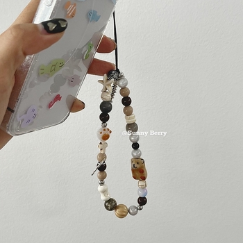 Șnur pentru telefon cu mărgele din agată naturală și ochi de tigru; design de nișă, accente ceramice în formă de urs; șnur PP, cataramă din plastic; fără pandantiv