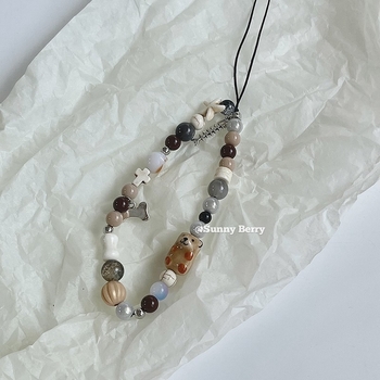 Șnur pentru telefon cu mărgele din agată naturală și ochi de tigru; design de nișă, accente ceramice în formă de urs; șnur PP, cataramă din plastic; fără pandantiv