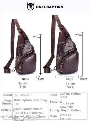 Pánska kožená taška na hruď – prvá vrstva hovädzej kože, Cow Captain Leather, na obchodné cesty