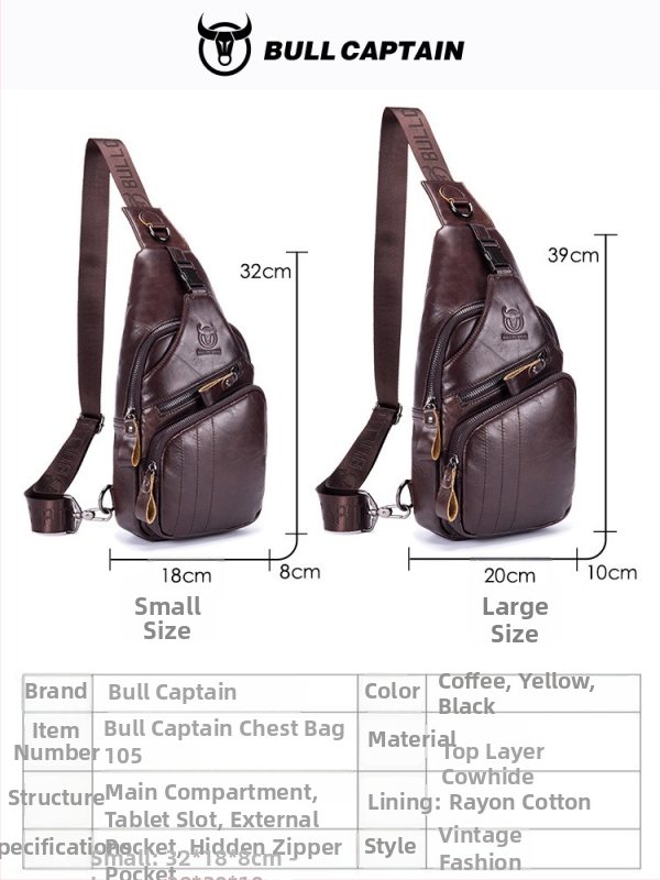 Pánska kožená taška na hruď – prvá vrstva hovädzej kože, Cow Captain Leather, na obchodné cesty