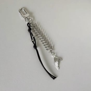 Privjesak za ključeve s motivom riblje kostiju, uzorak morske života, metalno elektroplirano, minimalistički Y2K stil, zima 2024
