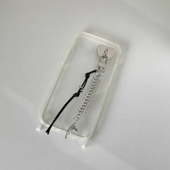 Privjesak za ključeve s motivom riblje kostiju, uzorak morske života, metalno elektroplirano, minimalistički Y2K stil, zima 2024