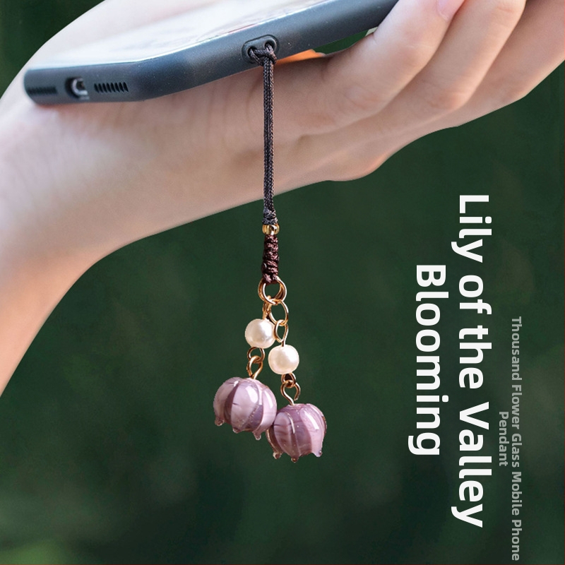 Prívesok na telefónny retiazku s motívom orchidey, materiál sklo/lapis lazuli, vzor rastlín a kvetov, povrch pečená farba