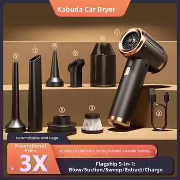 Ručni bežični usisavač za dom i automobil – ugrađena baterija 2501–3000 mAh, usis ≥25 kPa (4100–5000 Pa), mokro/suho, USB napajanje, nastavci: ravni nastavak, nastavak cyclon, glava za uklanjanje grinja, dvostruko četkanje i usisavanje