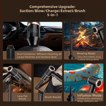 Ručni bežični usisavač za dom i automobil – ugrađena baterija 2501–3000 mAh, usis ≥25 kPa (4100–5000 Pa), mokro/suho, USB napajanje, nastavci: ravni nastavak, nastavak cyclon, glava za uklanjanje grinja, dvostruko četkanje i usisavanje