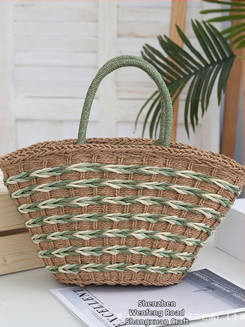 Slamená tote taška, pletený dizajn, zipsové zapínanie, vnútorné vrecká pre telefón a ID, horizontálny štvorcový tvar, mestský štýl