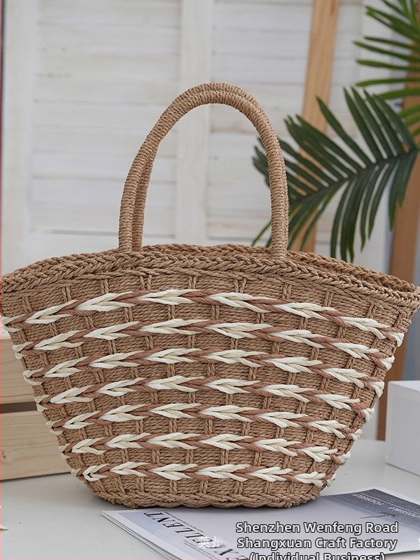 Slamená tote taška, pletený dizajn, zipsové zapínanie, vnútorné vrecká pre telefón a ID, horizontálny štvorcový tvar, mestský štýl