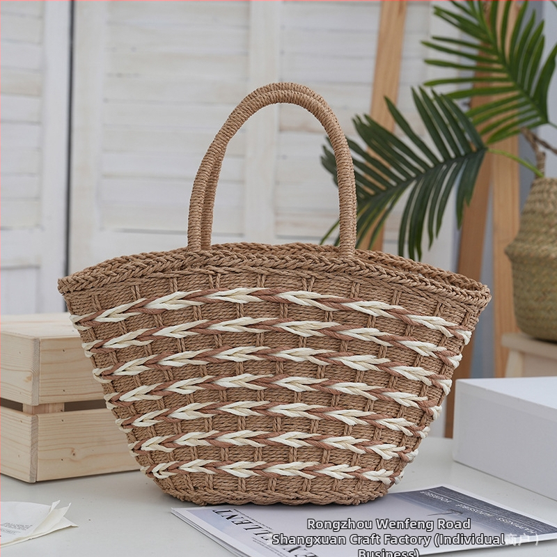 Slamená tote taška, pletený dizajn, zipsové zapínanie, vnútorné vrecká pre telefón a ID, horizontálny štvorcový tvar, mestský štýl