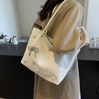 Taška tote s mašľou – PU, vertikálny štvorcový tvar, zips, vrecko na telefón, podšívka z polyesteru a bavlny, letné 2024 vydanie