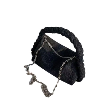 Denim torba za podlakticu s pletenim zavojem — srednja veličina, vodoravni kvadratični oblik, zatvaranje na zip, unutarnja džep s zipom, dvostruke naramenice