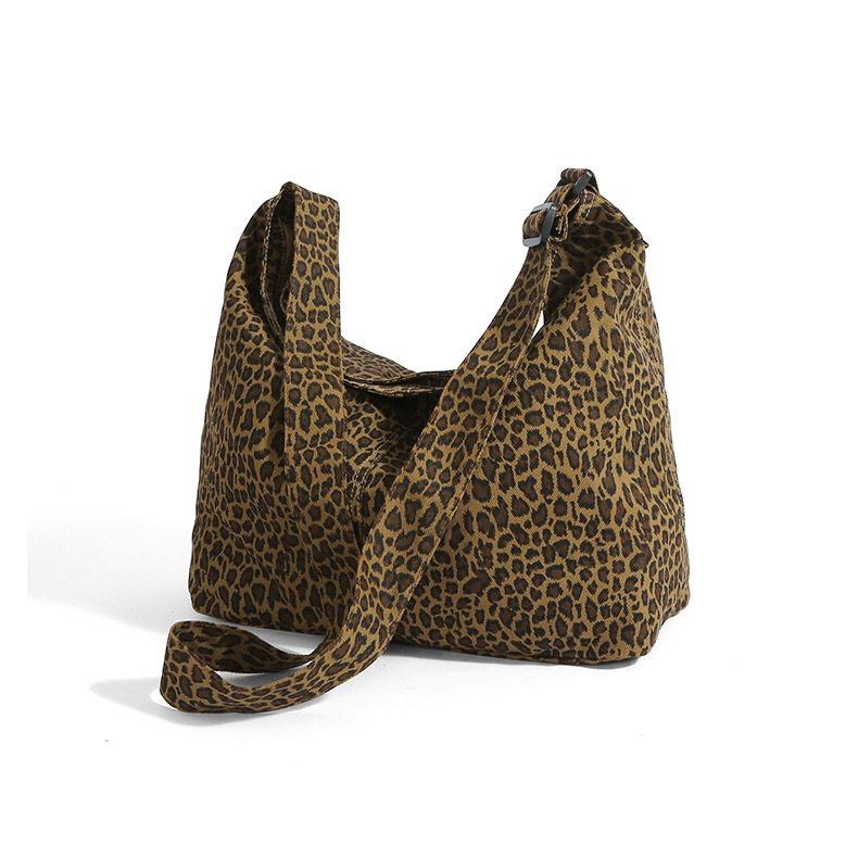 Leopard potlačená kanvasová crossbody taška, zapínanie na zips, vnútorná kapsa so zipsom a kapsa na telefón, bez podšívky, 2025 leto