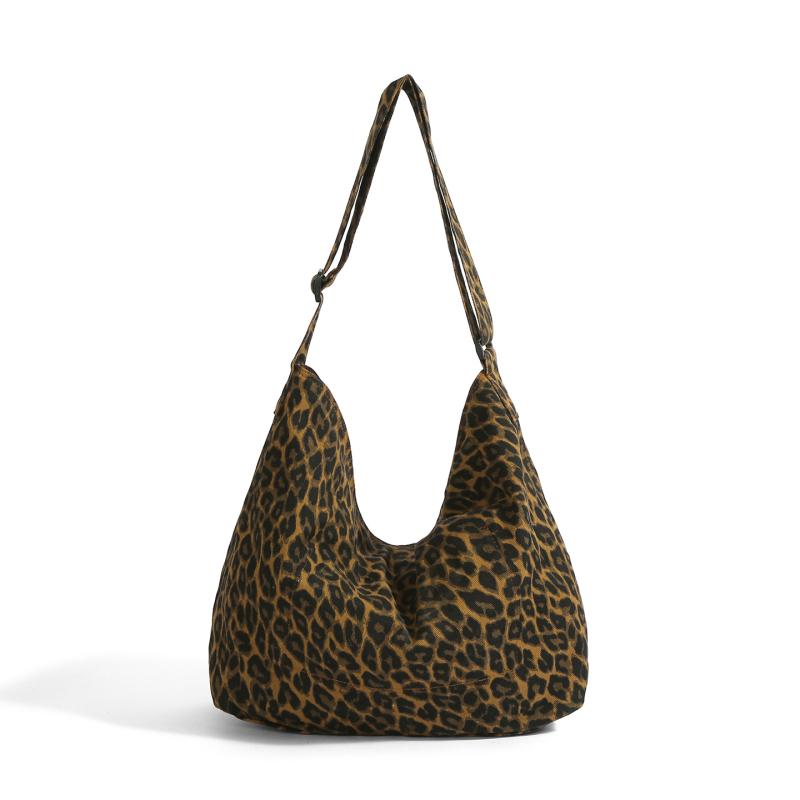 Leopard potlačená kanvasová crossbody taška, zapínanie na zips, vnútorná kapsa so zipsom a kapsa na telefón, bez podšívky, 2025 leto