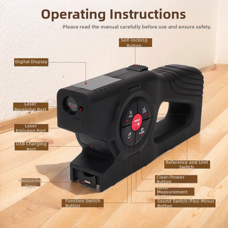 LUNYEE 3-in-1 lāzera attāluma mērītājs ar digitālo displeju, rūpnieciskai lietošanai, uzlādējams
